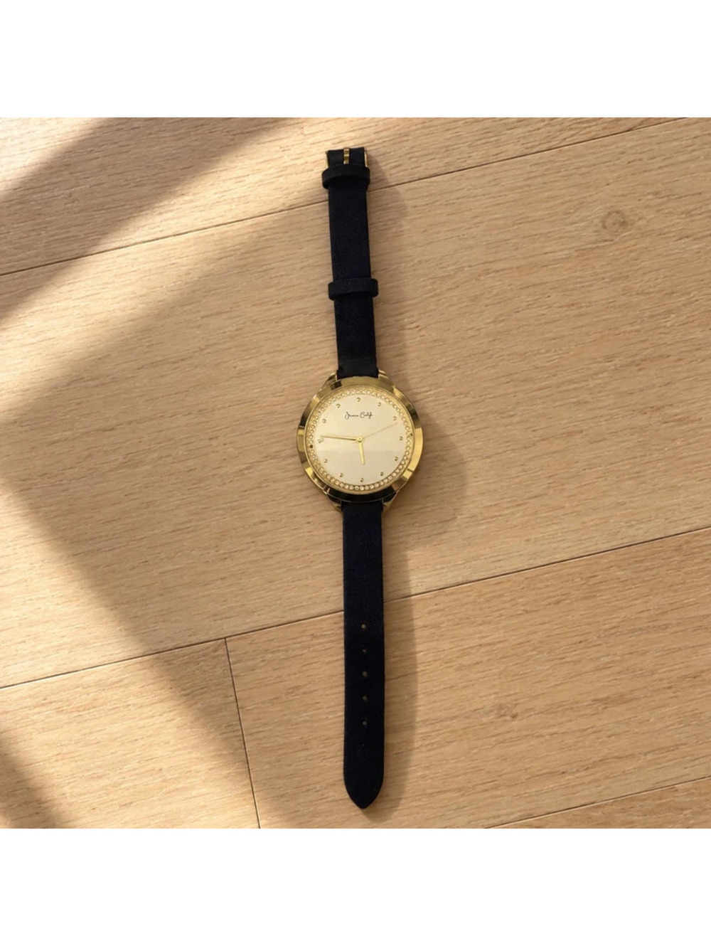 Jessica Carlyle Gold Tone Rhinestone Analog Watch Black Strap Womens
